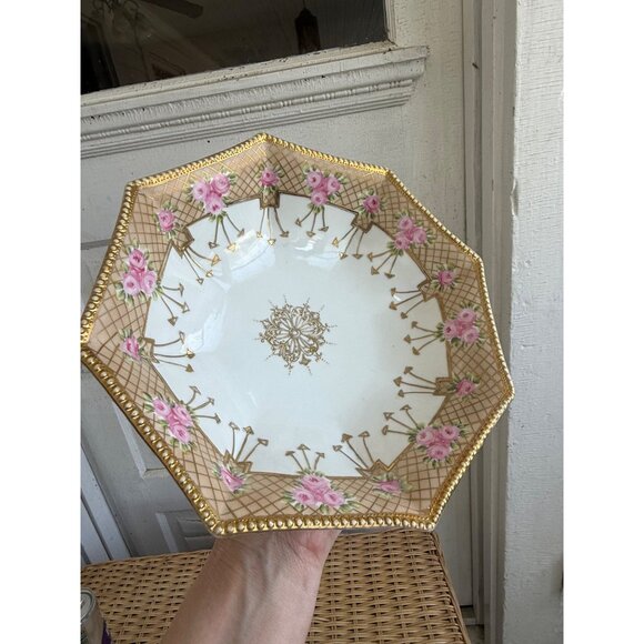 Antique 1920s Nippon Serving Bowl Hand Painted Gold Roses Floral - Picture 2 of 16